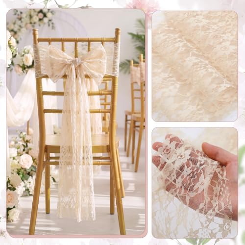 VitalCozy 50 Pack Beige lace Vintage Chair Sashes with Bows Wedding Decor - Image 3