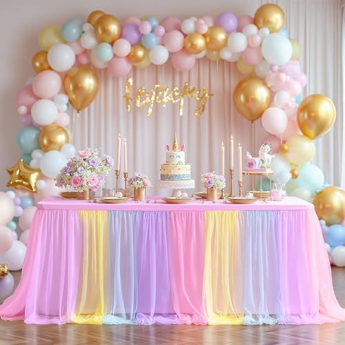 Wish Care 6 Pack Rainbow Tulle Tablecloth for 8 Foot Rectangle Tables Double Layer Tulle Tutu Skirt Unicorn Ruffle Pastel Table Cloth Stretch Fitted Table Covers for Girls Birthday Baby Shower Party - Image 7