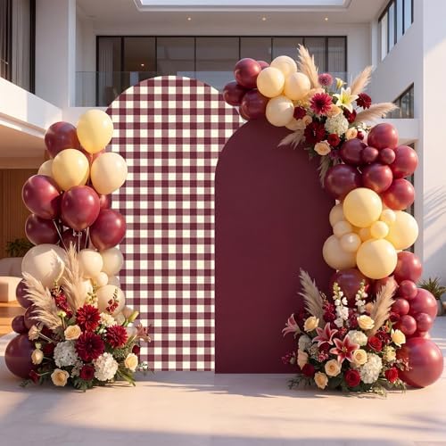 Tegeme 2 Set Gingham Arch Backdrop Cover 7.2ft 6.6ft Arch Cover, Burgundy - Image 5