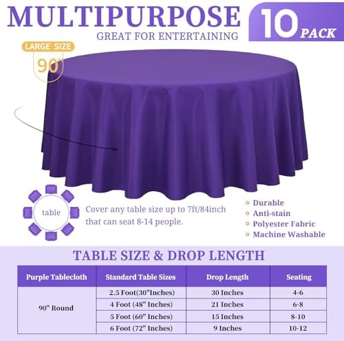 Showgeous 90 Inch Purple Round Tablecloths, Polyester Table Covers - Image 2