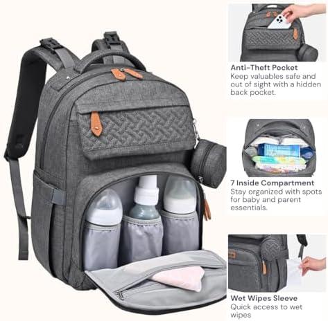 BabbleRoo Diaper Bag Backpack - Travel Large Baby Diaper Bag with Changing pad, Waterproof Baby Bags for Mom & Dad, Unisex Bags with Pacifier Case, Luggage Strap & Stroller Clips - Dark Gray - Image 6