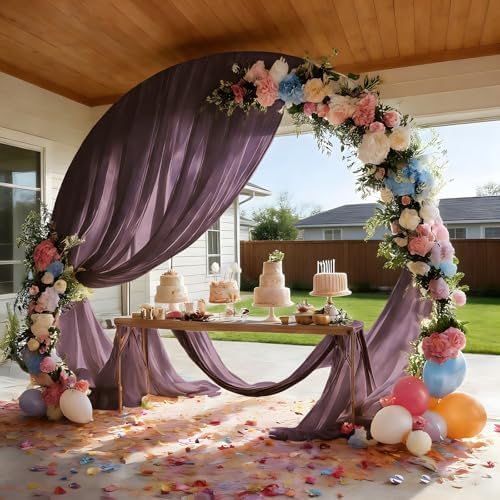 Plum Purple Wedding Arch Draping Fabric Sheer Curtain Drapes 4 Panels | 20 ft Extra Long Shimmery Backdrop Curtains for Wedding Anniversary Party Summer Outdoor Events Drapery Backgrounds - Image 3