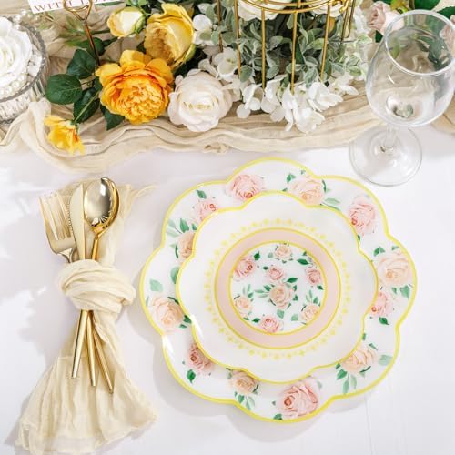 LIYH 24Pcs Gold And Pink Plastic Plates Floral Dinnerware Set For 12 Guests - Image 2