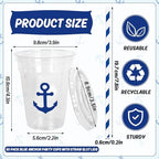 Whaline 50Pcs Nautical Disposable Plastic Cups with Lids and Straws 12 Oz Blue Anchor Cold Beverage Drinking Cups for Ocean Theme Birthday Party Supplies - Image 2