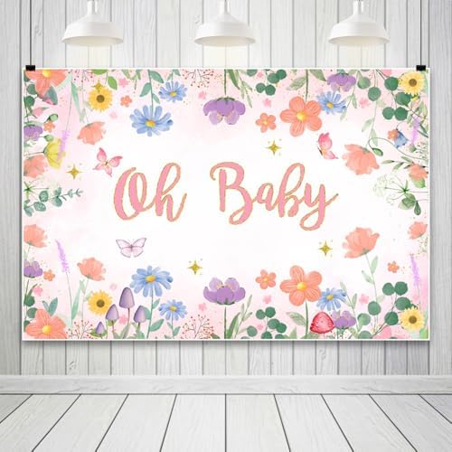 15x10FT Baby Shower Backdrop Oh Baby Sign Spring Flower Butterfly Mushroom Background for Boys Girls Kids Gender Reveal Party Decorations Family Photo Booth Props by RiePoiia