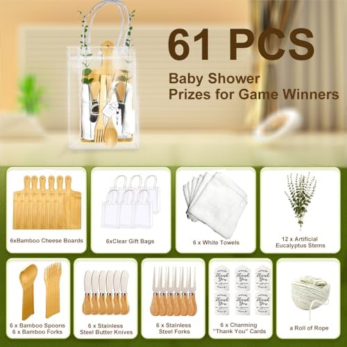 61PCS Baby Shower Prizes for Game Winners, 6 Sets Bamboo Cheese Board with Spoon, Knives & Fork, Towel, Thank You Card & Gift Bags -Wedding Bridal Shower Favors, Serving Board Party Gifts - Image 3