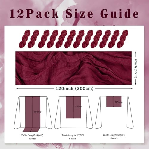 Burgundy 12 Pack Cheesecloth Table Runner 10FT Rustic Gauze Cheese Cloth Table Runner for Wedding Bridal Baby Shower Table Decor 20 x 120 Inch Long Boho Fabric Sheer Birthday Party Table Decorations - Image 2