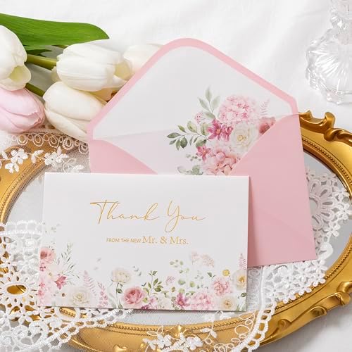 Crisky Pink Floral Wedding Thank You Cards with Envelopes & Stickers From Mr & Mrs, 100 Pack Gold Foil Eucalyptus Leaves Thank You Greeting Note Cards Bulk for Bridal Shower - Image 3