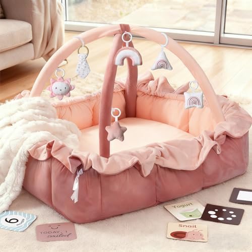 Mallify 5-in-1 Plush Baby Play Gym, Baby Play Mat, Convertible Baby Gym with Blanket and 6 Toys, Tummy time mat, Baby Activity Center from Newborn to Toddler, Baby Gym, Baby Newborn Essentials, Pink by MF