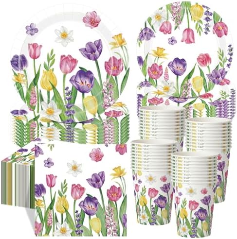 Funnymoom 250 Pcs Tulip Floral Paper Plates and Napkins Cups for Tea Party by Funnymoom