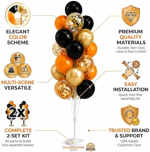 Balloon Column Kit Set of 2 With Balloons Included - with Base, and Pole,Balloon Tower Backdrop Decoration for Wedding, Baby Shower, Birthday Party, or Bachelorette Parties (Black Orange) - Image 3