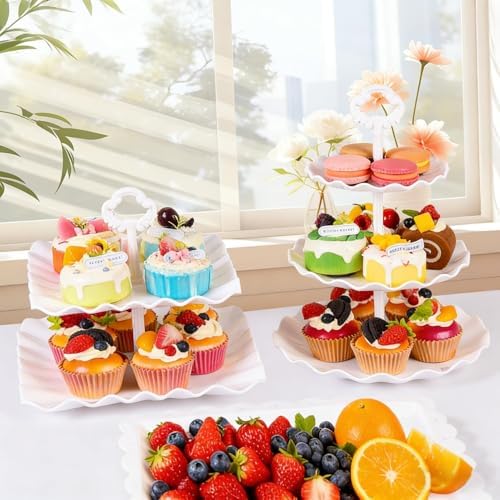 12-Pack Dessert Table Display Set, 6 Cupcake Stands and 6 Dessert Trays, Plastic Dessert Display Stands and Cake Stand, Treat Table Displays Set for Wedding, Baby Shower, Tea Party (White) - Image 7