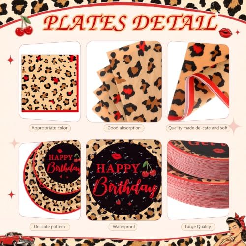 Ceenna 452 Pcs Red Cheetah Print Birthday Party Decorations for 50, Cheetah and Cherry Print Plates Napkins Cup Tablecloth Cutlery Straw Leopard Disposable Tableware for Women Y2K Night Party Supplies - Image 2