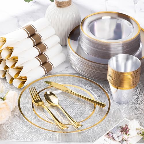 Goodluck 350 Piece Clear Gold Disposable Plastic Dinnerware Sets for Party - Image 2