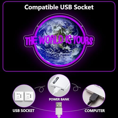 The World is Yours Neon Sign, Planet Led Neon Light Signs for Wall Decor Gaming LED Light up Sign Lamp for Party Bedroom Bar Game Room Man Cave Birthday Gamer Gift Dimmable USB Powered(16.4"*12.2") - Image 5