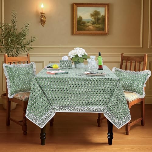 Ridhi Basil Green Hand Block Print Cotton Tablecloth 120 x 80 Inch - Image 2