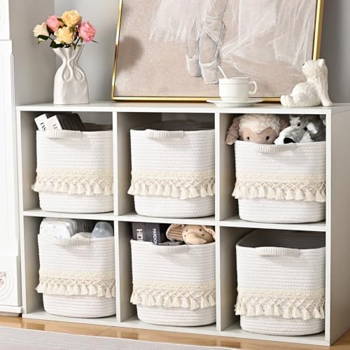 3 Pack Storage Basket for Shelves, Boho Cotton Rope Storage Bins with Heavy Tassel, Shelf Baskets Large Woven Baskets for Organizing, Cube Organizer Bins, Baby Laundry Basket for Clothes, Toys, Pets - Image 6
