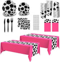 Oudain 222 Pcs Cow Dinnerware Set for 20 Guest Cow Tablecloth Plates and Napkins Cowgirl Party Decorations Cowboy Table Runner Plastic Black White Party Supplies(Hot Pink,Classic) by Oudain