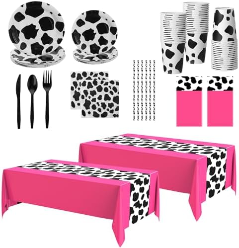 Oudain 222 Pcs Cow Dinnerware Set for 20 Guest Cow Tablecloth Plates and Napkins Cowgirl Party Decorations Cowboy Table Runner Plastic Black White Party Supplies(Hot Pink,Classic) by Oudain