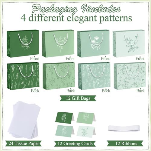 MotiMind 12 Sets 13" Large Gift Bags with Tissue Paper and Greeting Card, Green Sage Leaf Paper Gift Bags with White Bow for Wedding Birthday Anniversary Back to Baby Shower Summer Party Supplies - Image 2