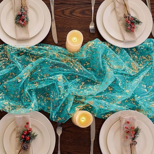 Shihanee 12 Pcs Teal Gold Gauze Table Runners Sheer Cheesecloth Runner - Image 3