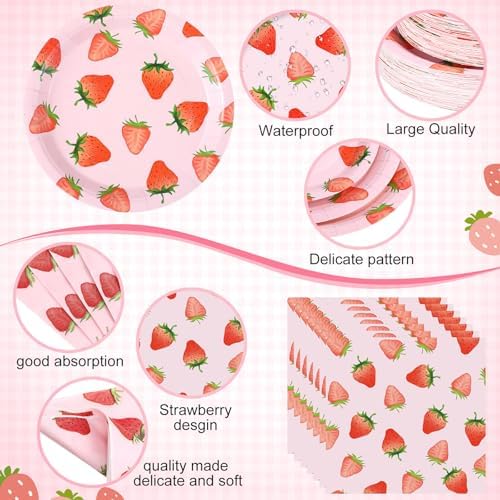 Funnymoom 452 Pcs Strawberry Party Supplies for 50 Guests, Strawberry Paper Plates Napkins Cups Tablecloth Cutlery Straws for Berry First Birthday Baby Shower Party Decorations - Image 3