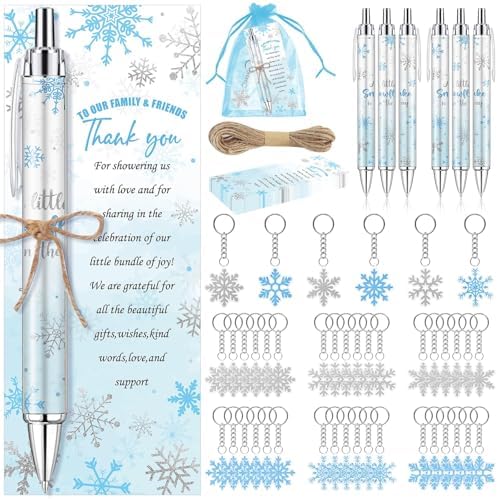 145 Pieces Little Snowflake Baby Shower Favors for Guest Blue Boy Ballpoint Pens and Keychains Gifts Bulk Winter Retractable Baby Shower Pens Gender Reveal Thank You Cards Souvenirs Prizes by EYNDYN