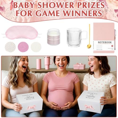 Ctosree 6 Set/48 Pcs Pink Baby Shower Game Prizes for Winners Include Ceramic Mug, Spoon, Notebook, Pen, Coaster, Scented Candle, Eye Mask and Gift Box for Wedding Bridal Baby Shower Games Prize Gift - Image 4