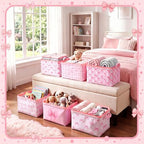 CHENGU 6 Pcs Pink Bow Storage Basket Collapsible Scalloped Storage Bin - Image 2