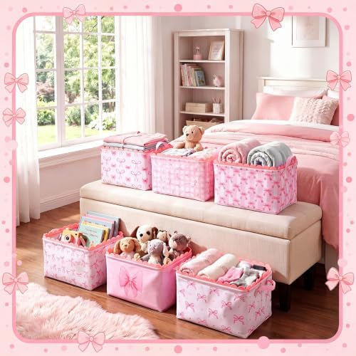 CHENGU 6 Pcs Pink Bow Storage Basket Collapsible Scalloped Storage Bin - Image 2