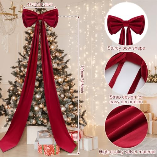 Wavwavw Christmas Giant Velvet Bow Decor Wine Red Big Bow, 75 x 18 Inches - Image 3