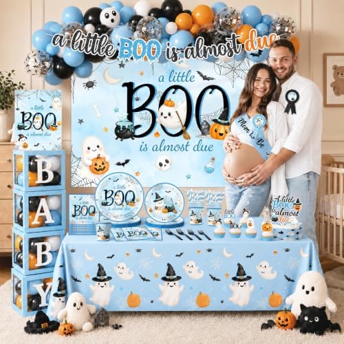 A Little Boo Is Almost Due Baby Shower Decorations - Blue Halloween Baby Shower Decorations for Boy Includes Plates,Napkins,Banner,Balloon Arch for Halloween Birthday Party - Image 3