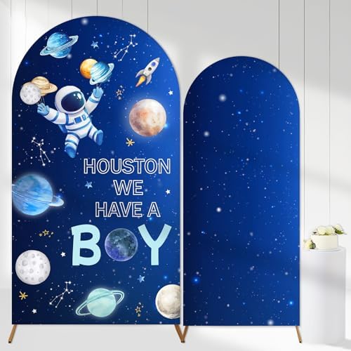 2PCS Outer Space Baby Shower Arch Backdrop Cover Houston We Have a Boy Backdrop 6ft 7.2ft Stretchy Spandex Galaxy Astronaut Arch Stand Cover for Houston We Have a Boy Baby Shower Party Decors by Tarndom
