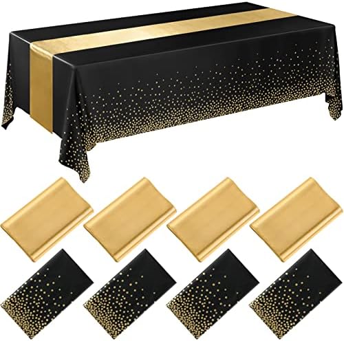 Breling 24 Pack Black and Gold Tablecloths and Satin Table Runner Set by Breling
