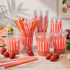 Sliner 50 Sets Pink Orange Striped Plastic Cups with Lids and Paper Straws - Image 4