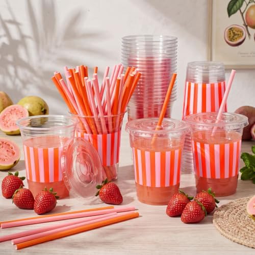Sliner 50 Sets Pink Orange Striped Plastic Cups with Lids and Paper Straws - Image 4