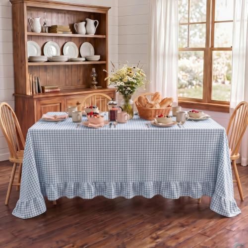 Eternal Beauty Gingham Ruffled Tablecloth Dusty Blue White 52x70 Farmhouse by EternalBeauty
