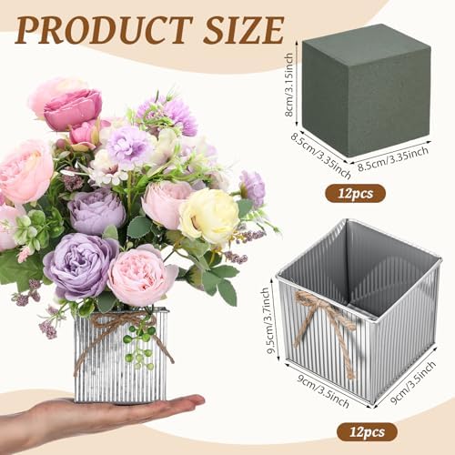 12 Pack Galvanized Square Vases with Floral Foam 3.5 Inch, Silver - Image 2