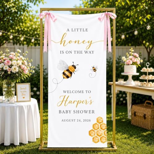 A Little Honey Is On The Way Bumblebee Baby Shower Satin Welcome Banner by Custom