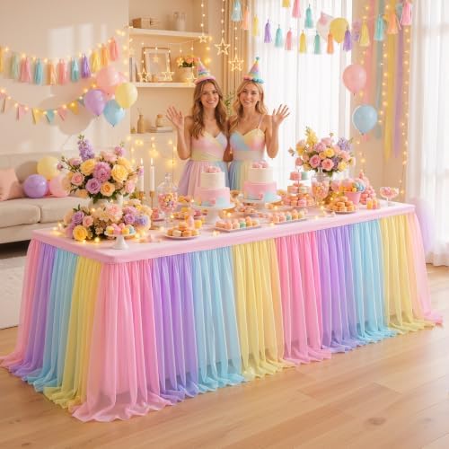 6 Pack Rainbow Tablecloth for 8 Foot Rectangle Tables Tulle Table Skirt - Image 6