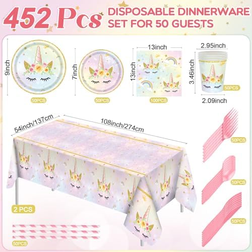 Funnymoom 452 Pcs Unicorn Themed Birthday Party Decorations Include Unicorn Paper Plates Napkins Cups Tablecloth Cutlery Straws Rainbow Pastel Theme Party Supplies for Birthday Decorations - Image 3