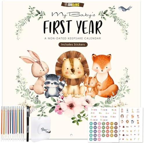 Baby's First Year Calendar with Stickers - 1st Year Tracker and Memory Book for Girls and Boys - Document and Cherish Milestones with Pocket and Drill Free Adhesive Hook by Monking
