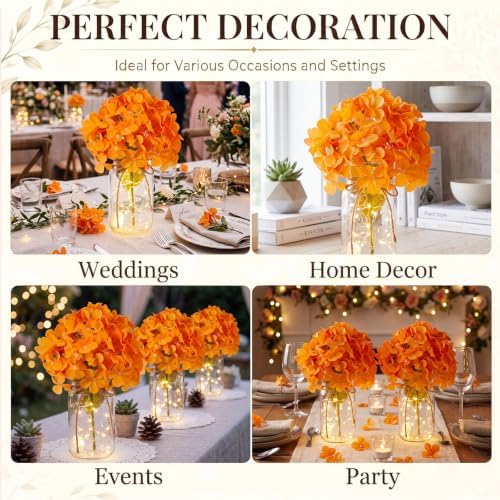 4 Sets Mason Jar Centerpiece with LED Lights and Orange Hydrangea Fake Flowers Vase for Wedding Thanksgiving Party Coffee Table Decor - Image 5