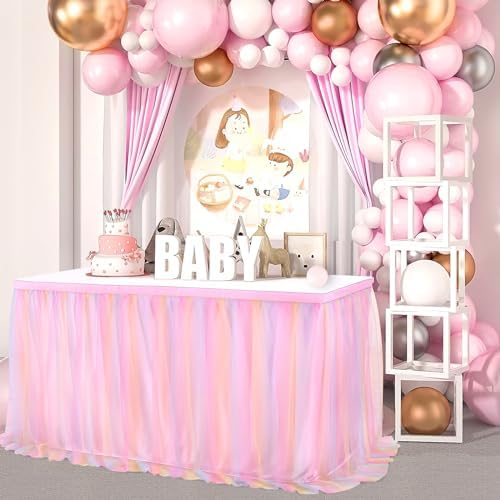 Pastel Rainbow Pink Table Skirt Ruffle Mermaid Party Tablecloth for Rectangle Table Tables or Round Tables 9ft Birthday Party Baby Shower Decorations - Image 3