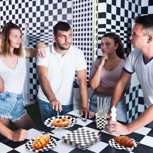 Funnymoom 452 Pcs Checkered Flag Party Supplies for 50 Guests, Black and White Checkered Paper Plates Napkins Cups Tablecloth Cutlery Straws for Race Car Birthday Party Decorations - Image 4