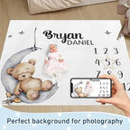 Personalized Baby Monthly Milestone Blanket Boy or Girl - Sleep Bear Months Blanket with Wood Frame and Newborn Wooden Sign - Growth Chart Milestone Blanket 1-12 Month Milestones - Image 2