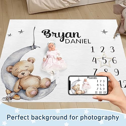 Personalized Baby Monthly Milestone Blanket Boy or Girl - Sleep Bear Months Blanket with Wood Frame and Newborn Wooden Sign - Growth Chart Milestone Blanket 1-12 Month Milestones - Image 2