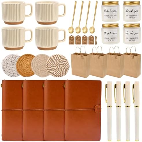 Baby Shower Prizes for Game Winners Baby Shower Games Prizes Ceramic Mugs with Metal Spoons Woven Coasters Notebooks Scented Candles Gift Bags Wedding Bridal Shower Favors for Guests (4, Brown) by WishFond