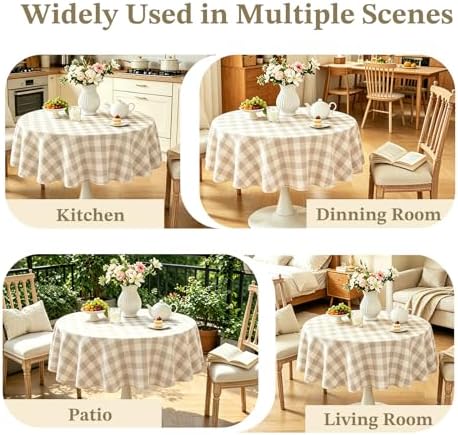 Laolitou Beige Checkered Tablecloth Round Tables Buffalo Plaid Gingham Table Cloth Cotton Linen Rustic Tablecloths Washable Wrinkle Free for Party Picnic Kitchen, 60", 2-4 Seats - Image 6