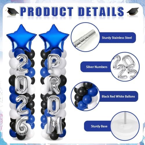 2 Sets Graduation Balloon Column Stand Kit with Balloons Prom Send off 2026 Grad Prom Themed Decor Black Blue White Balloon Tower Stand for Floor Grad School & College Celebration Party Supplies - Image 3